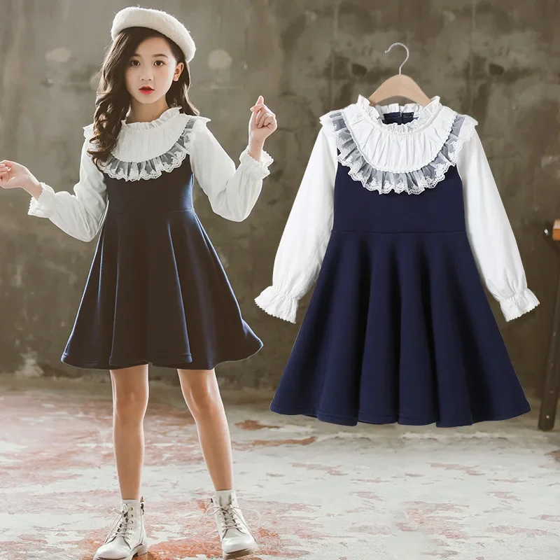 Melario Autumn School New Girls Clothing Dress Baby Casual Dress Kids Patchwork Clothes Children Long Sleeve Dress Blue White