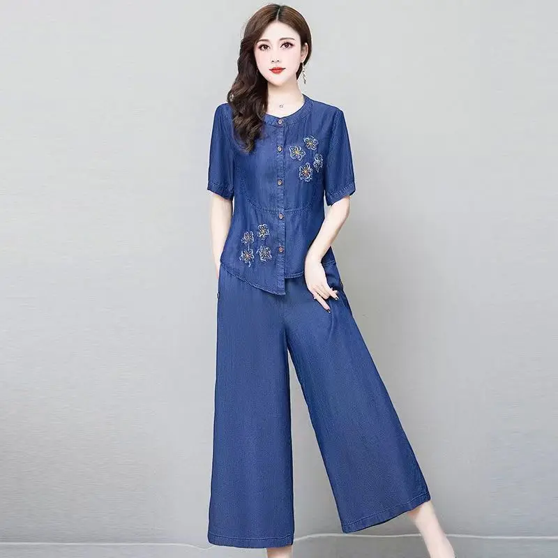 

Women’s Denim Suit Set Summer Fashion Loose Vintage Wide Leg Pants Blouse Casual Outfit for Middle Aged Moms New Arrival 2026
