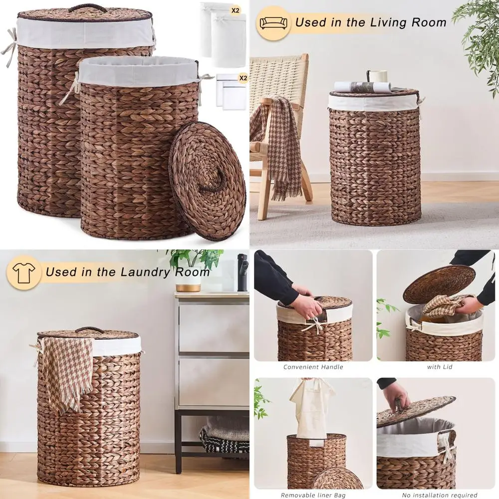 سلة غسيل من الخيزران المنسوج يدويًا مع غطاء لتخزين وتنظيم الملابس