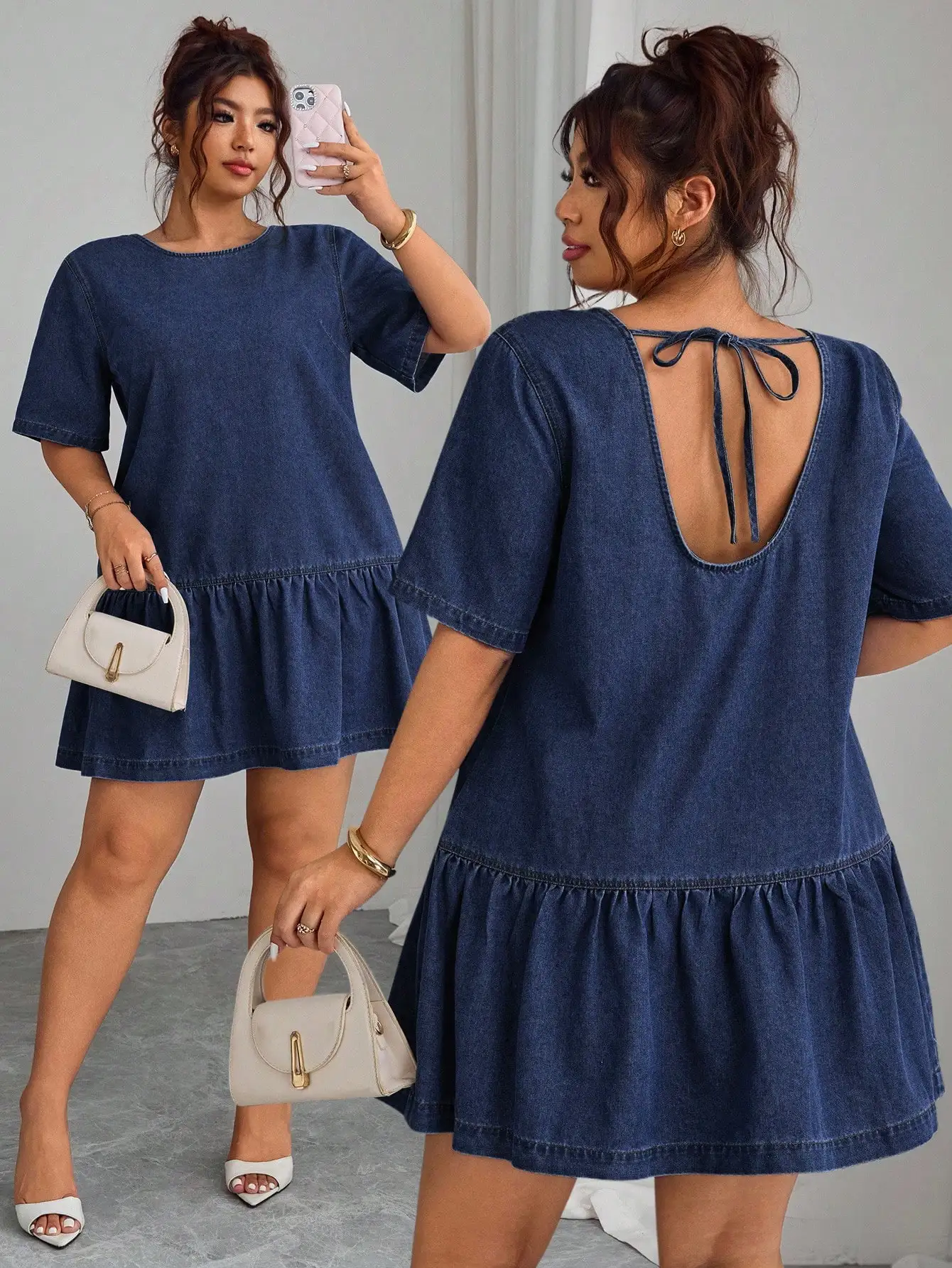 

Denim Backless Short Dress With Ruffle Hem For Women