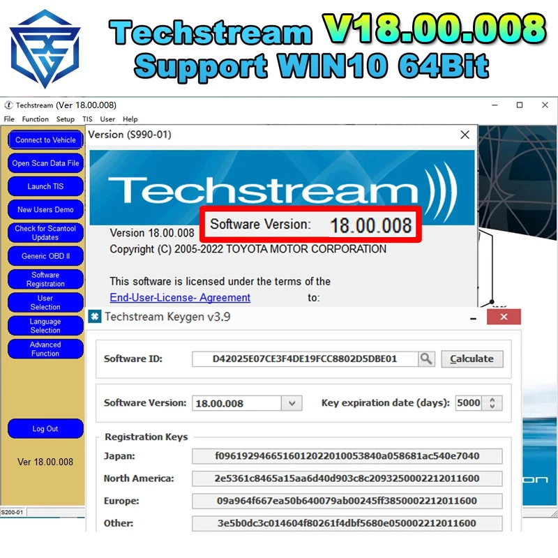 Newest Version 2/2023 FOR TOYOTA TIS 18.00.008 Techstream Software Link and Active Code Work with MINI VCI MINIVCI