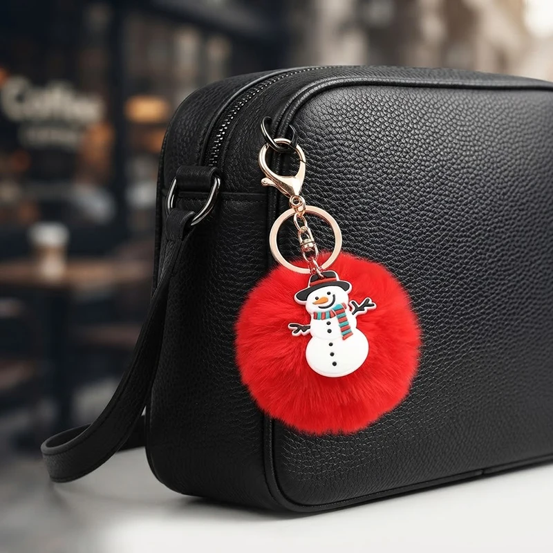 Santa Claus Keychain Christmas Pom Pom Fluffy Ball Bag Charm Stocking Stuffers Holiday Party Favors Snowman Keyring Decor Set