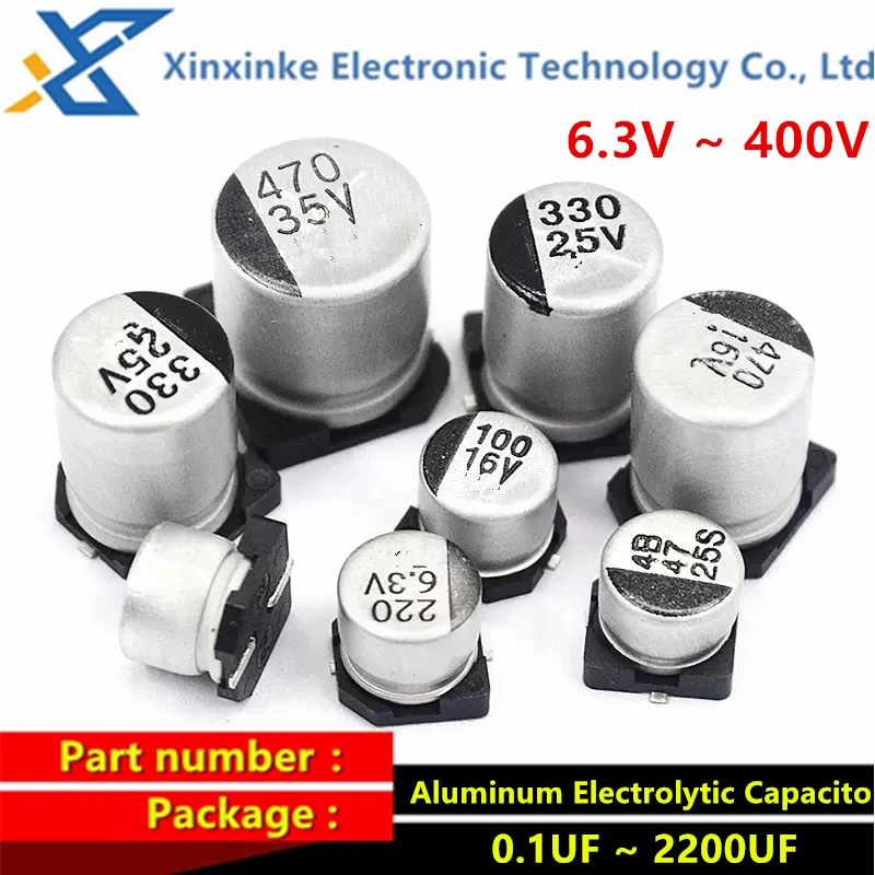 50PCS 6.3V 10V 16V 25V 35V 50V  1UF 2.2UF 4.7UF 10UF 47UF 100UF 220UF 330UF 470UF 1000UF SMD Aluminum Electrolytic Capacitor