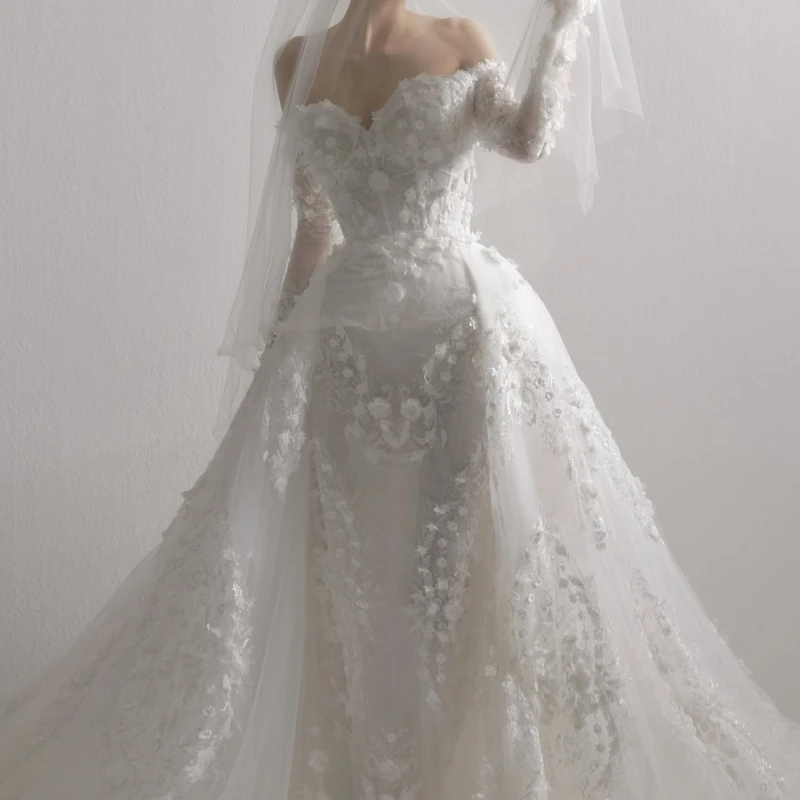 

Luxury White Dubai Arabic Mermaid Wedding Dresses Applique Flower Tull Court Train Wedding Dress Bridal Gowns vestidos