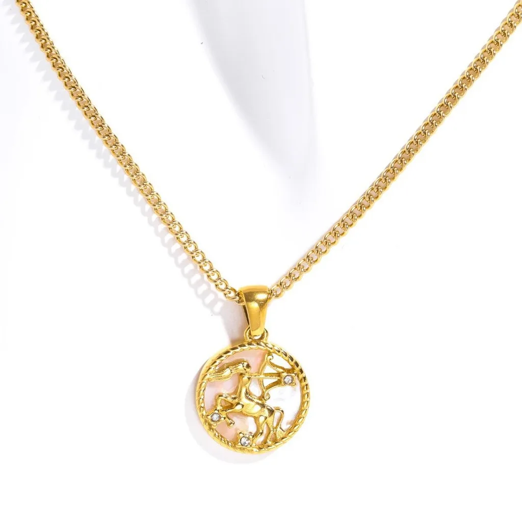 18k Gold Plated Titanium Steel Shell Inlaid Zircon Astrology Jewelry Women Men 12 Zodiac Sign Round Coin Design Pendant Necklace