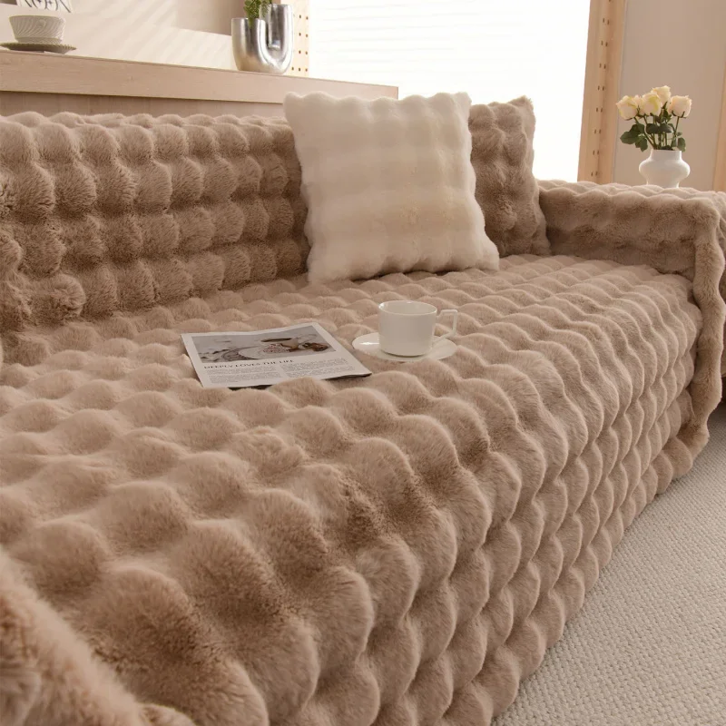 New 2025 Winter Sofa Cover Thick Plush Faux Rabbit Fur Non-slip Couch Throw Warm Cozy Sofa Protector