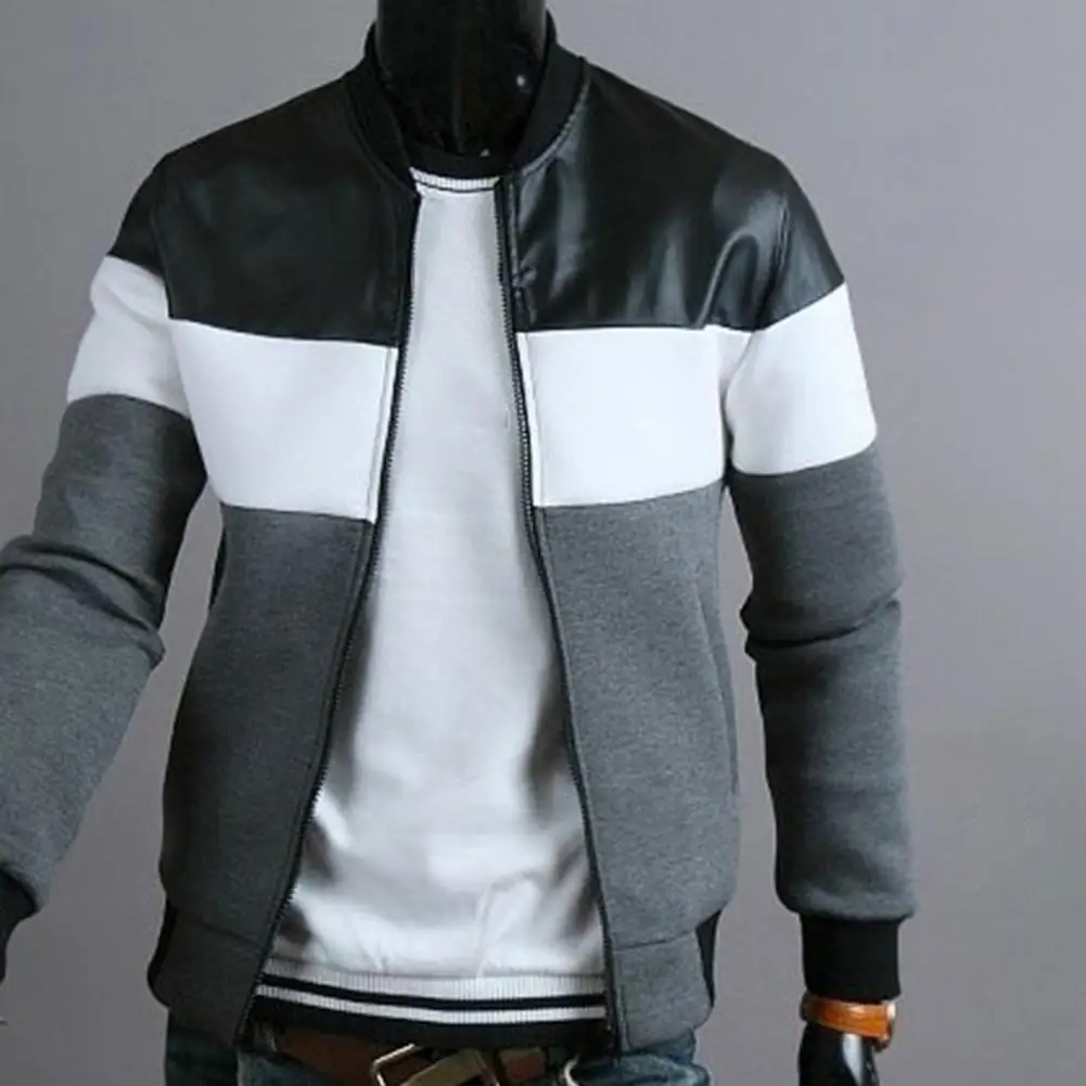 

Men Jacket Oblique Pockets Handsome Stand-up Collar Three-color Contrast Splicing Autumn Coat for Outdoor