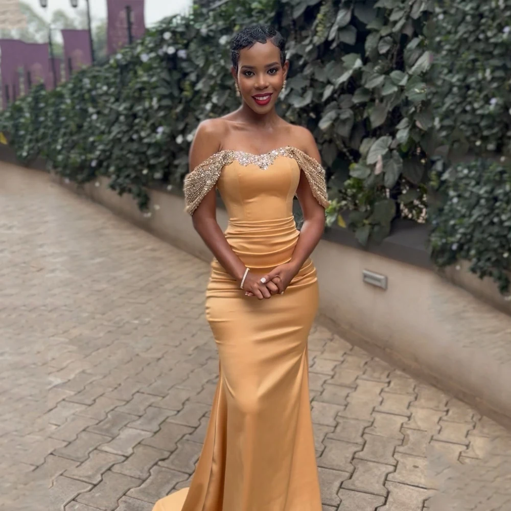 African Mermaid Bridesmaid Dresses Off Shoulder Corset Sweep Train Sequins Summer Maid of Honor Wedding Guest Gowns Customized