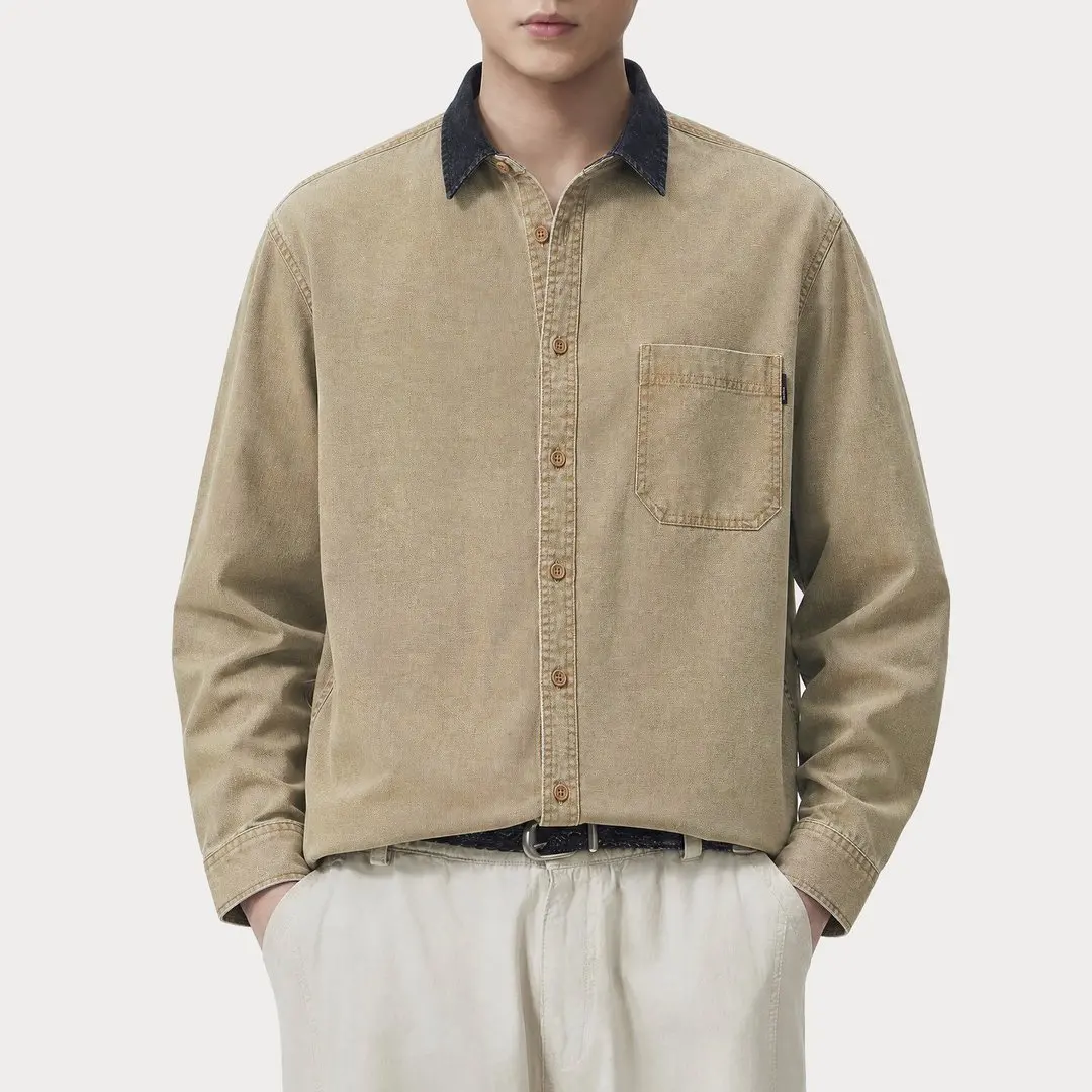 Men American Vintage Washed Cotton Loose Casual Long Sleeve Cargo Shirt Splice Fashion Streetwear Blouses Cardigan Shirts Tops