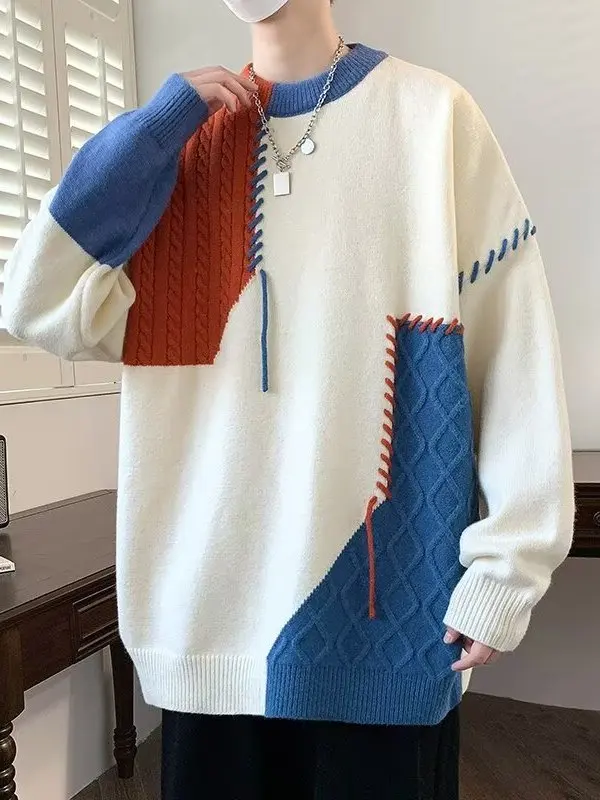 

Мужской зимний повседневный свитер свободного кроя с круглым вырезом, в стиле колор-блок, из мягкого полиэстера, с длинными рукавами, теплый топ