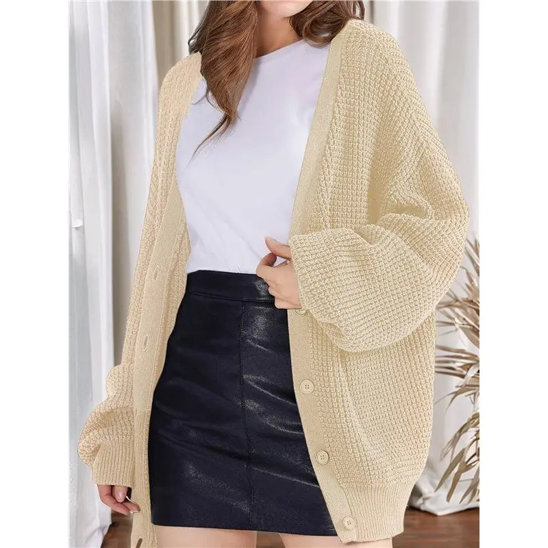 AF90-سترة نسائية محبوكة مكتنزة بأكمام طويلة ورقبة على شكل حرف V مع معطف سترة جيب لخريف وشتاء