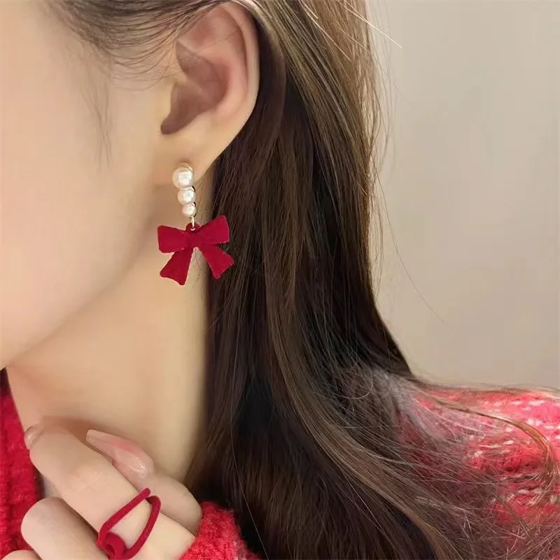 925 silver needle red bow stud earrings flocking earrings women's autumn and winter simple pearl plush ear jewelry