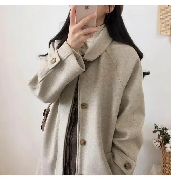 معطف نسائي من الصوف الصناعي للخريف والشتاء موضة كورية كبيرة الحجم سترة متوسطة الطول سميكة هاراجوكو متينة أنيقة تناسب جميع المزيج ملابس خارجية #3
