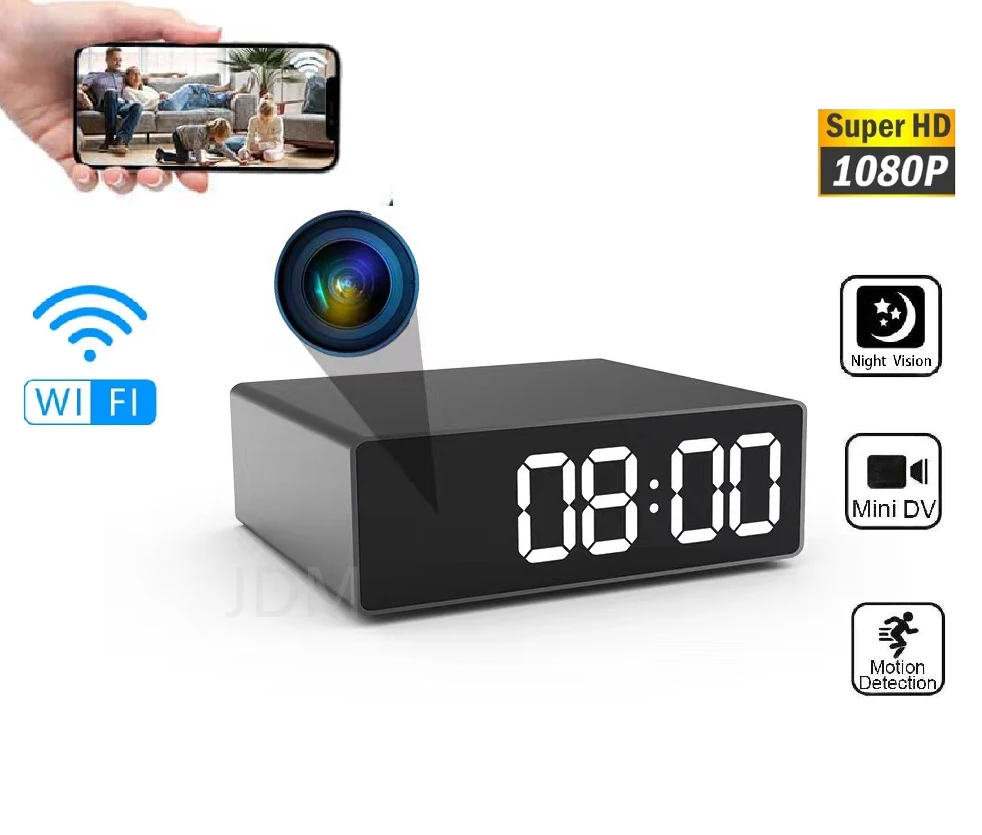 

Full HD Digital Clocks Cameras Night Vision App Wifi Remote Monitoring Motion Detection Auto Loop Recording Mini Home Camcorder