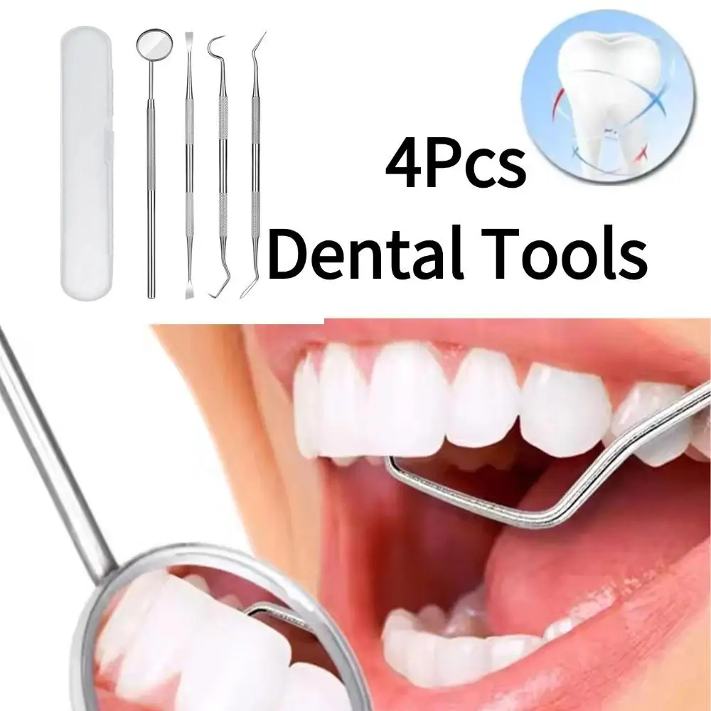 

Dental Tools Set Stainless Steel Mouth Mirror Probe Tweezer Teeth Cleaning Place Tartar Stain Remover With Storage Box 4Pcs