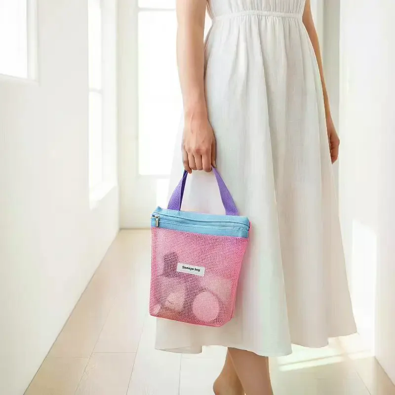 Summer Color-Blocked Mesh Makeup Bag - Soft Color Makeup Bag With Drain Holes - Large Shower Organizer - Travel Essentials