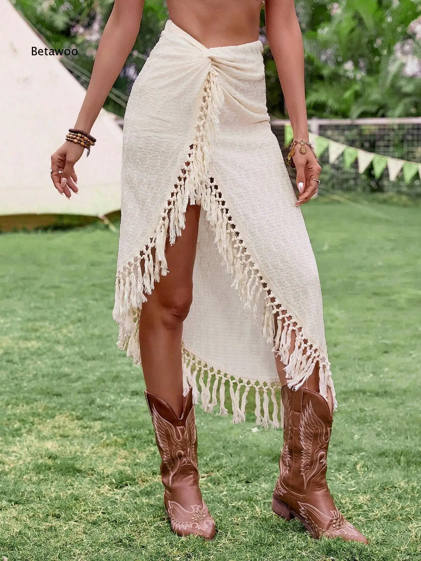Women Sexy Irregular Cutout Beach Midi Skirt With Tassel Decoration Flowy Bottoms For Vacation Holiday Pool Party And Different