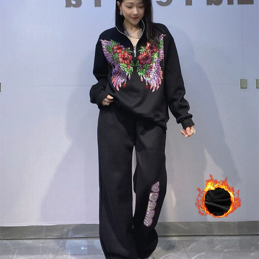 

Two Piece Sets Womens Outifits Winter Fasshion Butterfly Pattern Diamonds Knitwear Casual Half Zipper Pants Suits Костюм Женский