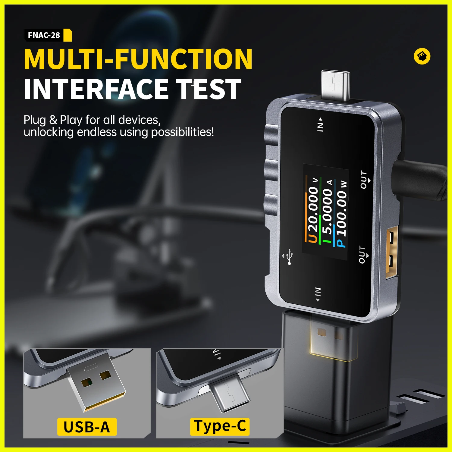 FNIRSI FNAC-28 2 في 1 Type-C USB تستر الفولتميتر الرقمي مقياس التيار الكهربائي الجهد الحالي متر قوة البنك شاحن قياس