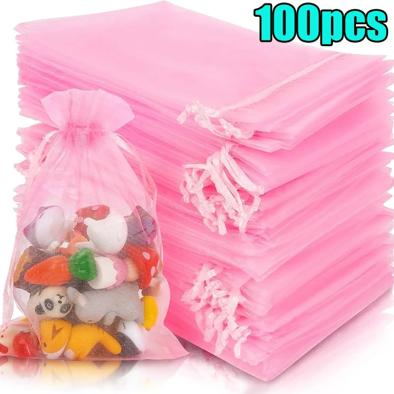 10-100pcs Jewelry Packaging Bag Organza Bags Gift Pink Storage Wedding Drawstring Pouches Multi Size Small Medium Large Set