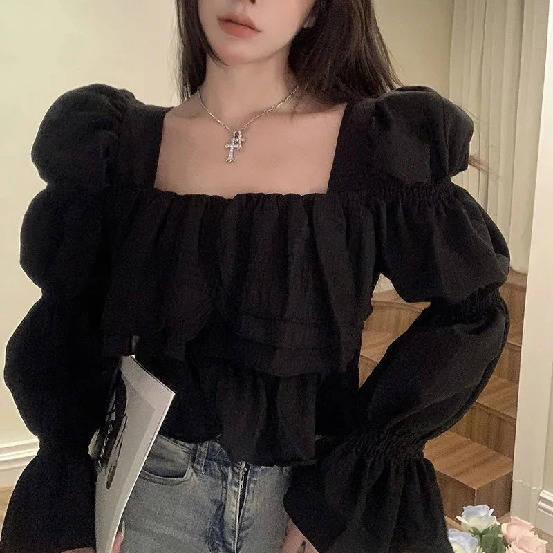 Gidyq Korean Sweet Shirt Women with Ruffles Elegant Chic Crop Top Female Fashion Sexy Preppy Style Solid All Match Ladies Blouse