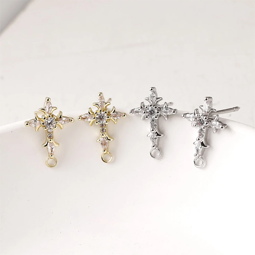 2 Pieces Brass Plated with 14k Gold Zircon Inlay Cross Shaped Earrings DIY Jewelry Making Semi-finished Product Accessories
