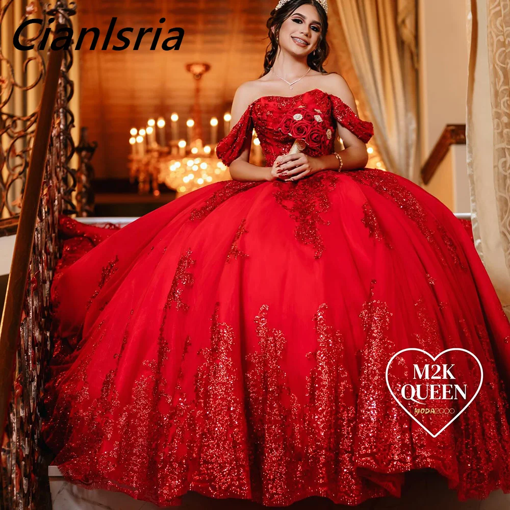 Vestido De baile De encaje con apliques De lentejuelas Rojas, quinceañera, hombros descubiertos, corsé con lazo, 15 Años