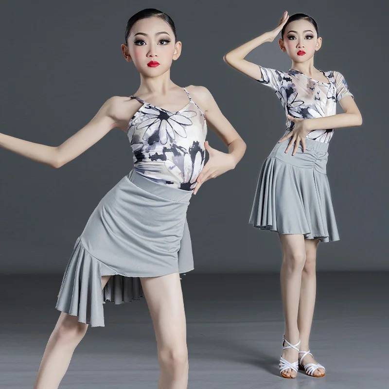 Girl Latin Dance Dress for Girls Practice Dancing Latin Skirt Ballroom Performance Clothes Children 1 Piece Latin Skirt and Top