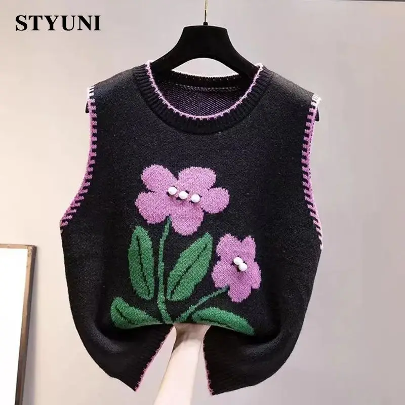 

Floral Knitted Vest O-Neck Pullover Casual Sleeveless Women's Vest Sweater Korean Fashion Sweaters Autumn Winter Female Tops