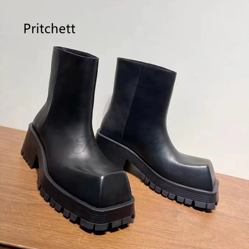 Square Toe Thick Bottom Chelsea Boots for Men Women Black Non -Slip Leather Ankle Boots Women\'s Slip On Rain Boots Couple Shoes