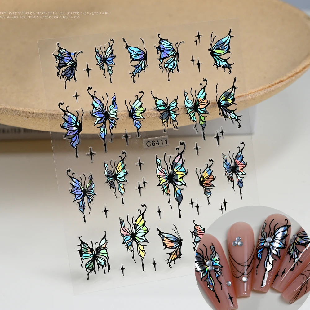 1pcs 3D Aurora Laser Butterfly Nail Art Stickers Shiny Holographic Butterflies Nail Decals 8*10cm Self-Adhesive Nail Decorations