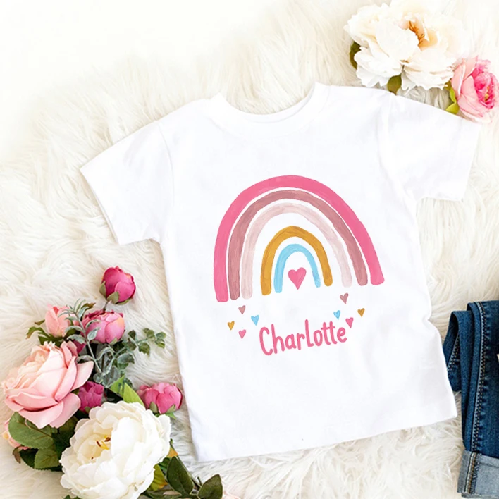 Personalised Kids T-shirt Floral Rainbow Kids Name Tshirt Custom Girl Shirt Rainbow Name Personalised Tshirt Christmas Gift