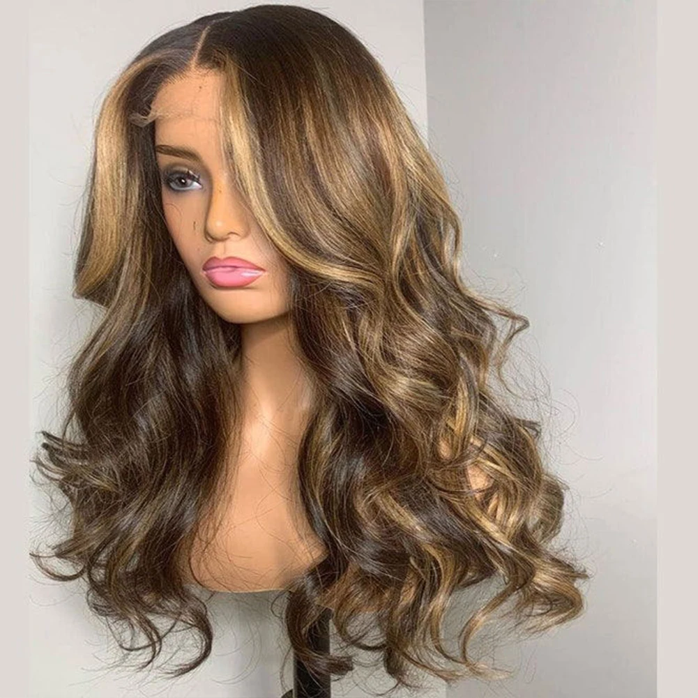 Destaques marrom solto onda do corpo cabelo sintético parte livre peruca marrom escuro morena longo ondulado natural perucas dianteiras do laço para mulher