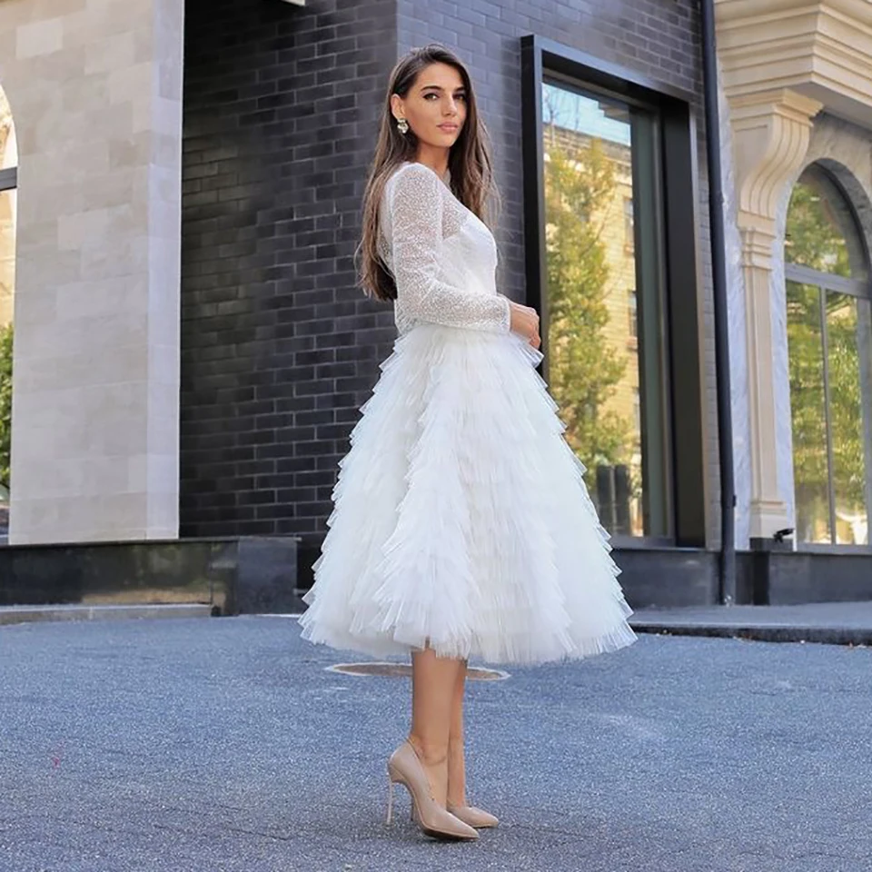 Gaun Malam Lengan Panjang Berjenjang Tulle A-Line Pendek Elegan 2025 Gaun Prom Pesta Leher Sendok Panjang Teh Arab Saudi untuk Wanita
