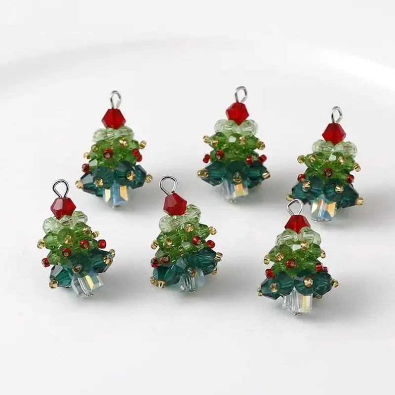 6PCS/SET Winter Christmas Tree Charms Beaded Crystal Glass Handmade Woven for Earrings and Necklace Diy Making Jewelry Gifts view 4