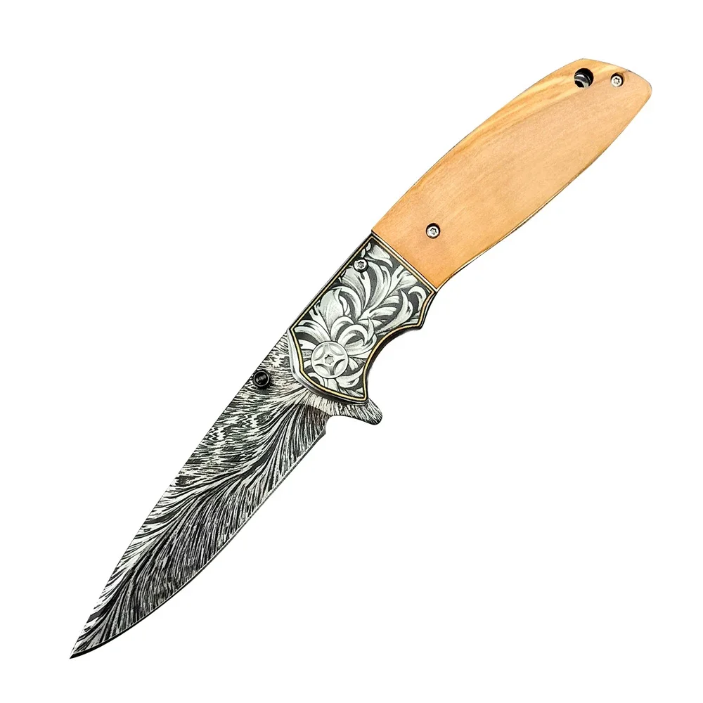 High Quality Outdoor Pocket Folding Knife 8Cr13Mov Blade Colored Wood Handle Camping Tactical Rescue Tool with File Clip