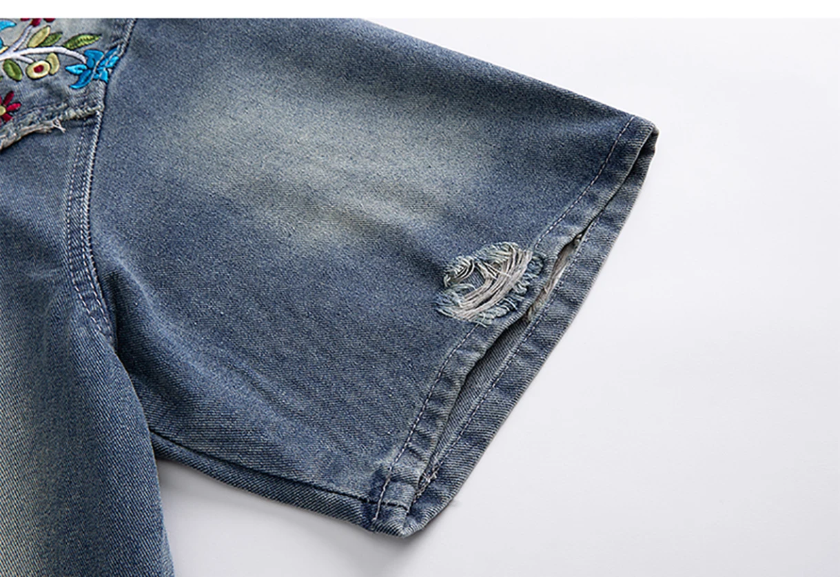 الصيف المطرزة الدنيم قميص واحد الصدر الرجال زهرة ممزق تي شيرت الأمريكية عادية موضة ريترو فضفاض كاوبوي تيز #3