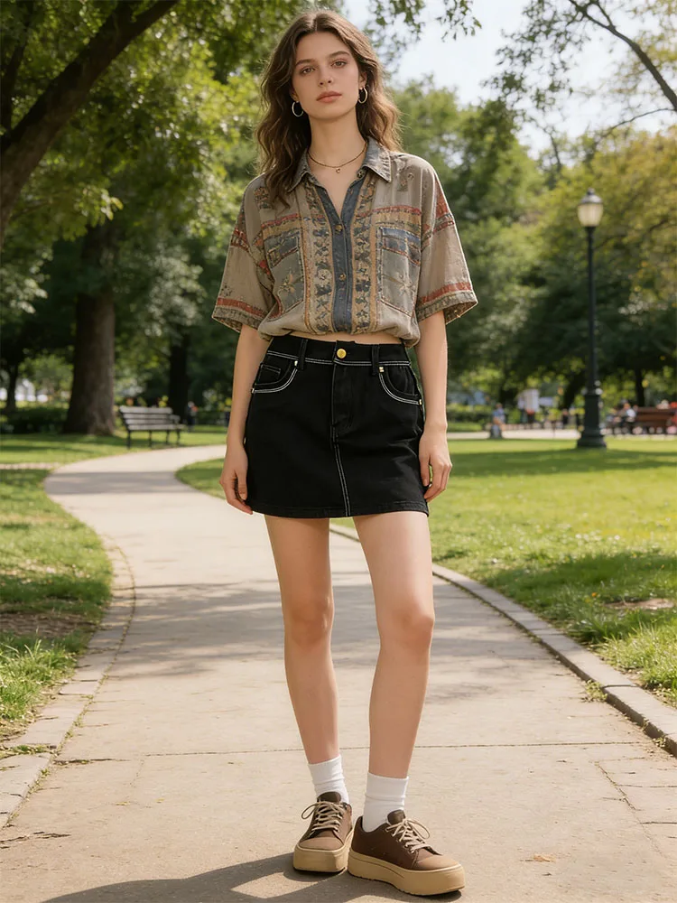 

Женская черная джинсовая мини-юбка с высокой талией, облегающая, повседневная, с карманами, декорированная заклепками, в уличном стиле, летняя