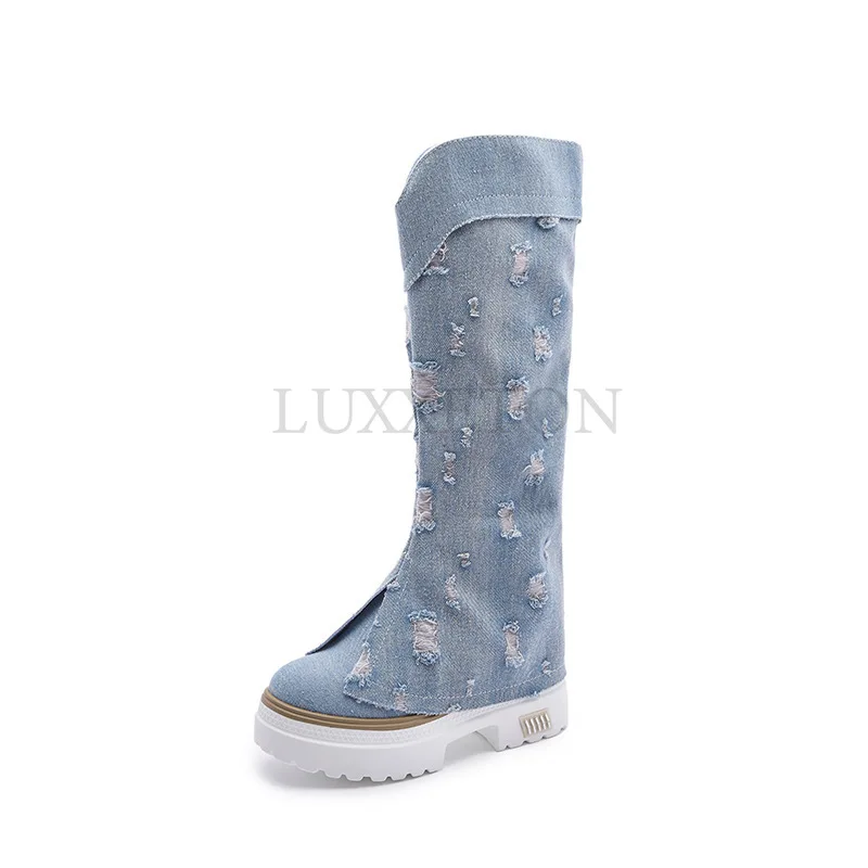 Platform Women\'s Boots 2023 New Vintage Fashion Color-Block Denim Knee-High Boots Comfortable Female Knight Western Boots