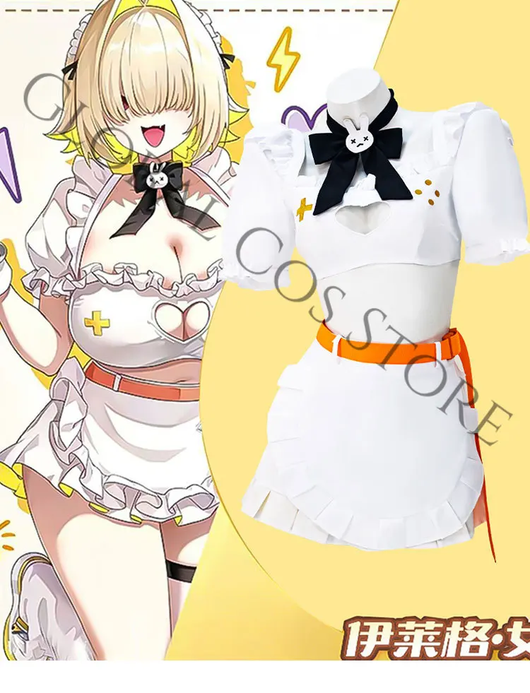 

Elegg Sexy Maid Cosplay Costume Set with Orange Belt Short Skirt and Ruffled Sleeves and Props for Carnival Party Game Nikke