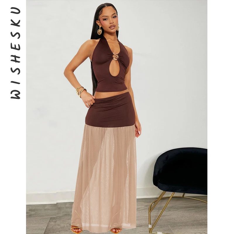 

Комплект из двух предметов, женские контрастные цвета, сексуальный топ без рукавов с вырезами + лоскутные макси-юбки с высокой талией, летние костюмы 2023 г.