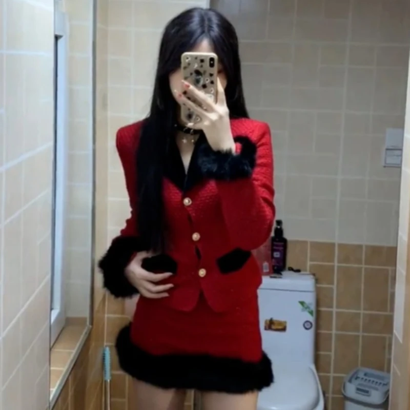 Set da due pezzi da donna caldo autunnale Moda coreana Design vintage francese Set giacca e gonna rossa Eventi casual Abbigliamento femminile
