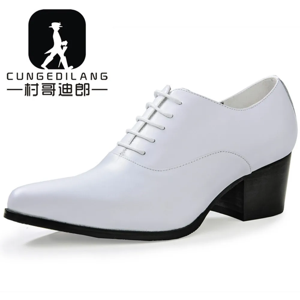 New Dress Leather Shoes Men High Heel 6cm Pointed Toe Brogue Wedding Shoes Height Increase Formal Career Work Jazz Dance Shoes