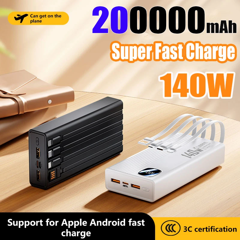 

140 Вт 200000 мАч Power Bank большой емкости 4 в 1 кабели интеллектуальный цифровой дисплей свет портативный Powerbank для iPhone Huawei новый
