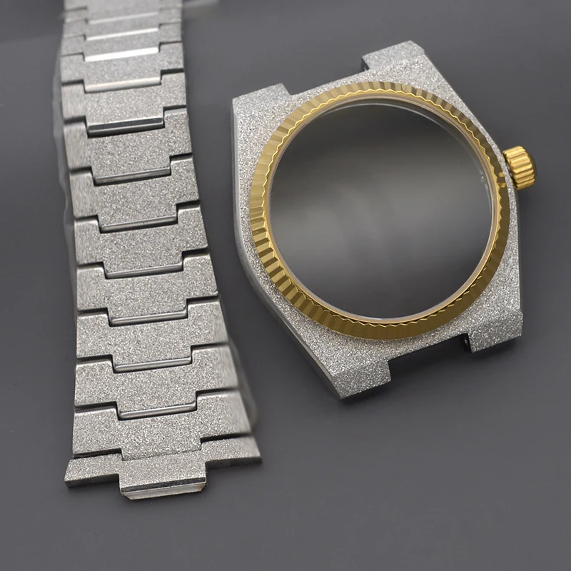 40mm-スパークルサンドブラスト加工シルバーステンレススチールケース＆マッチングブレスレット-nh34-nh35-nh36-自動巻きムーブメントウォッチ対応