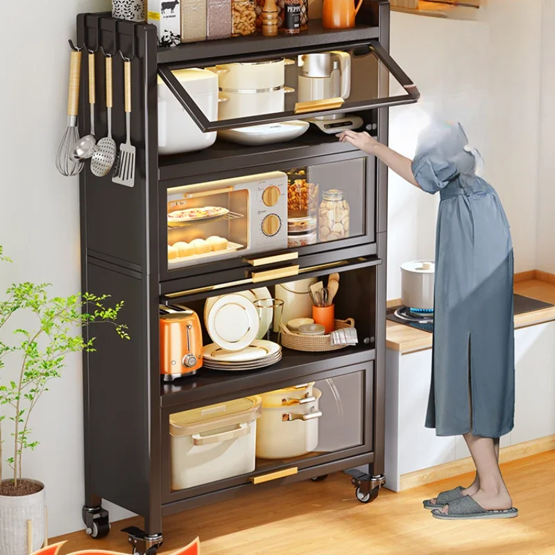 Kitchen shelves with cabinet doors, floor-to-ceiling multi-level storage