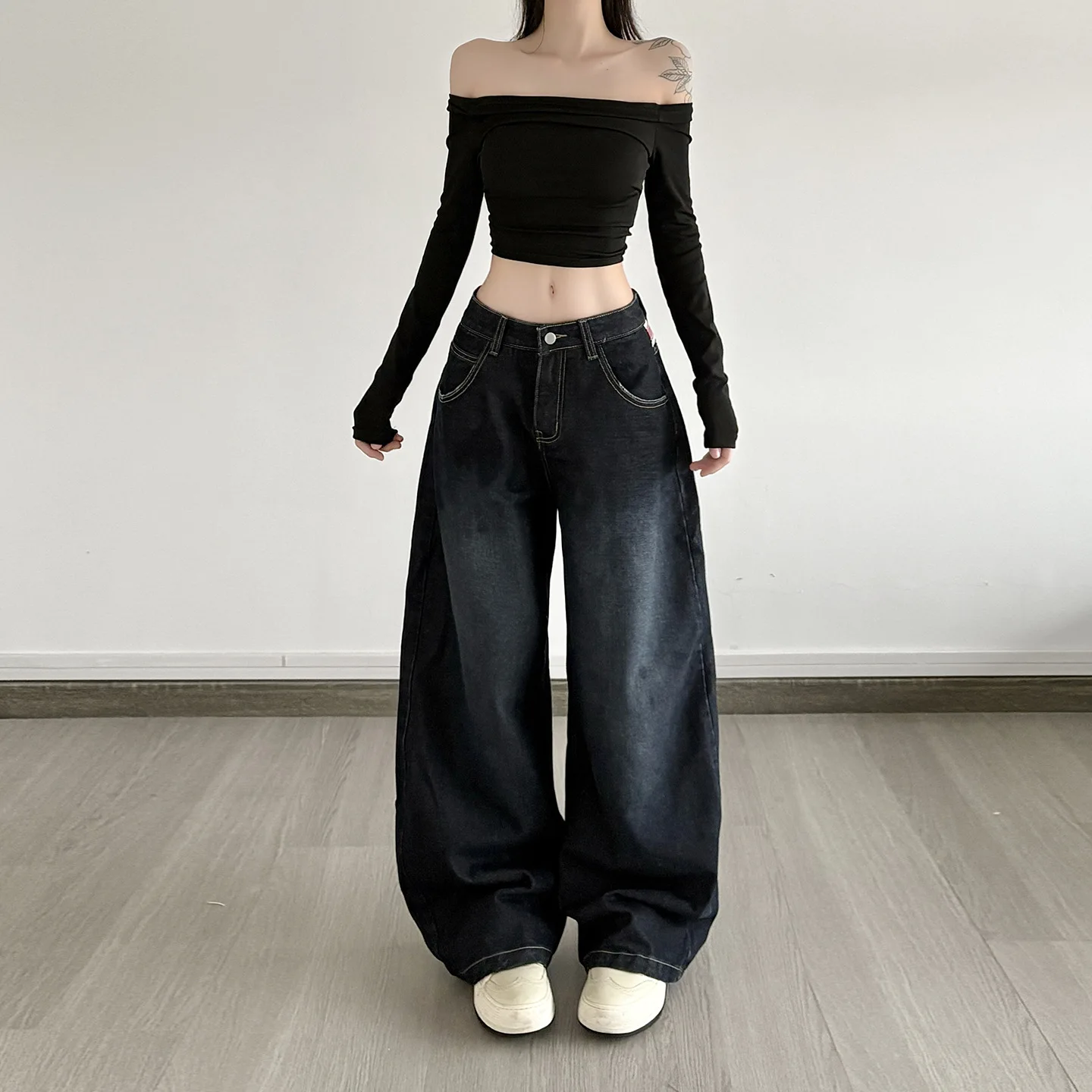 

2026 New Street Hip Hop Oversized Low Waist Jeans American Vintage Washed Blue Loose Fit Casual Pants