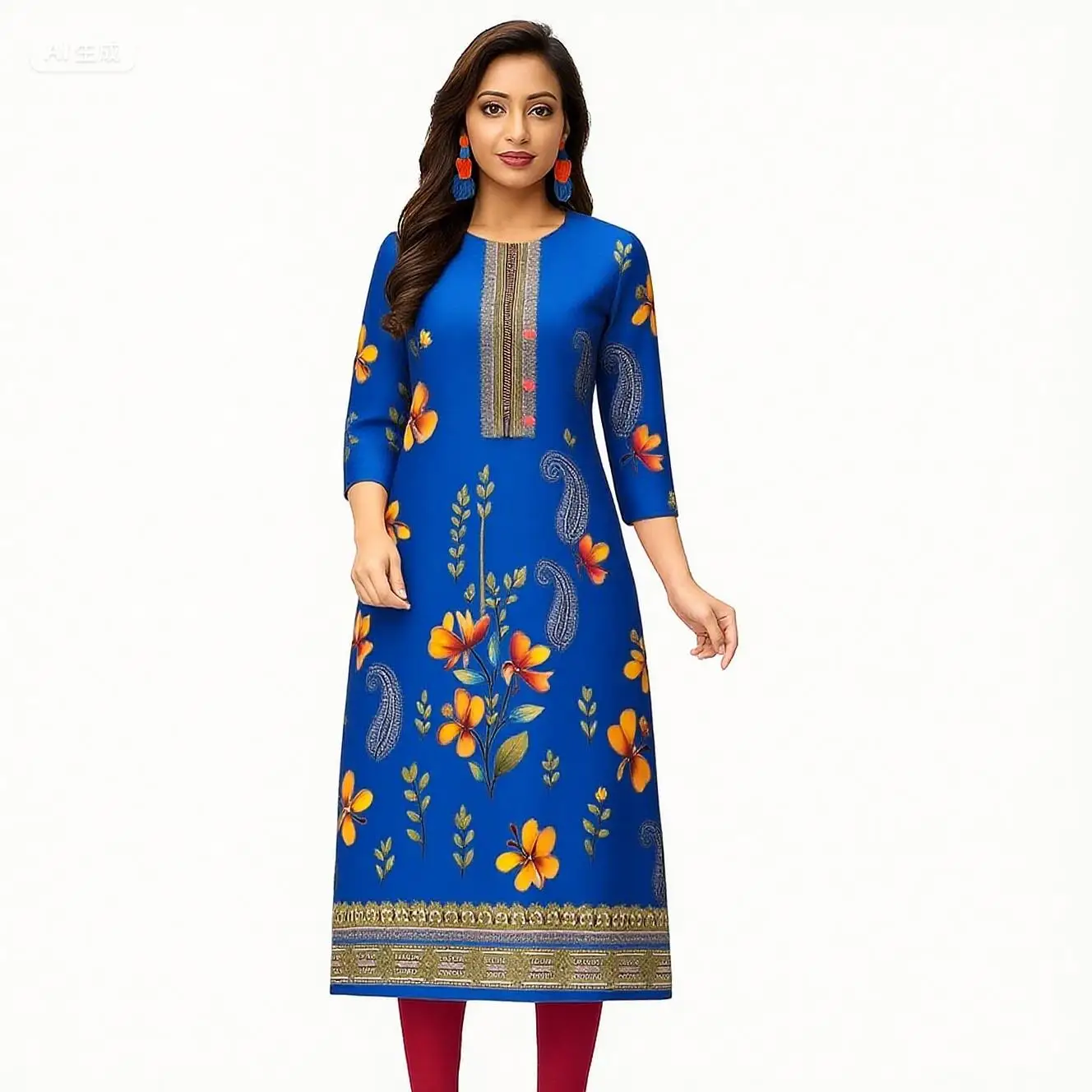 무슬림 레드 여성 캐주얼 패셔너블 편안한 스트레이트 튜브 캐주얼 에스닉 공작새 민족 스타일 아비토 도나 무슬리마나