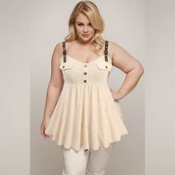 Rosegal Plus Size Beige Jacquard Uitgehold Vest Voor Dames, Zomer Casual Mock-Knopen Pu-Band Gesp Grommet Backless Tanktop