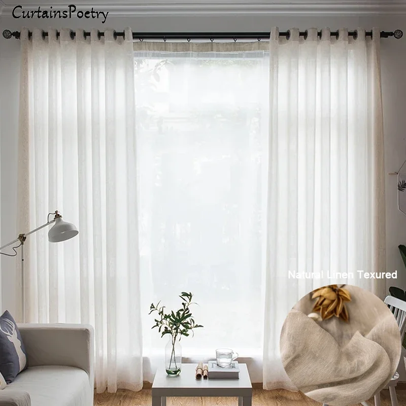 

1Pc Linen Look Sheer Curtain Japanese Style Window Drapes Beige Tulle Voile Farmhouse Flax Blend Curtain for Living Room Bedroom